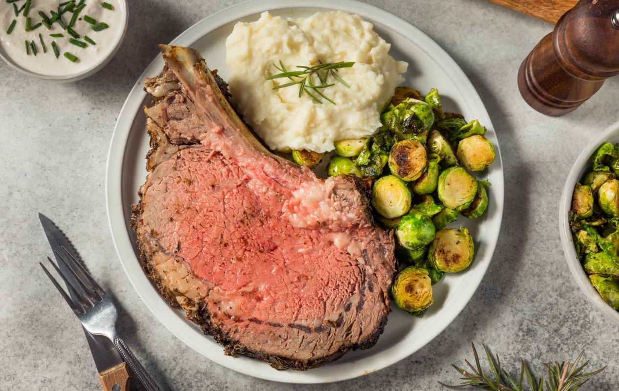 Steak, mashed potatoes, and Brussel sprouts